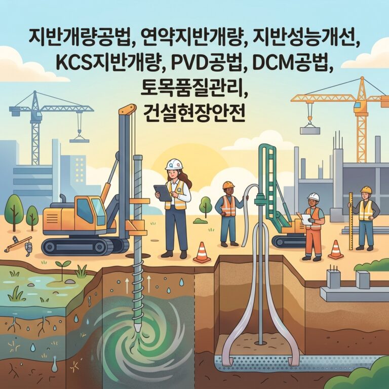 지반개량공법, 연약지반개량, 지반성능개선, KCS지반개량, PVD공법, DCM공법, 토목품질관리, 건설현장안전